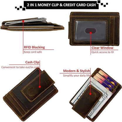 Money Clip RFID Front Pocket Wallet Men Leather Slim Minimalist Wallet