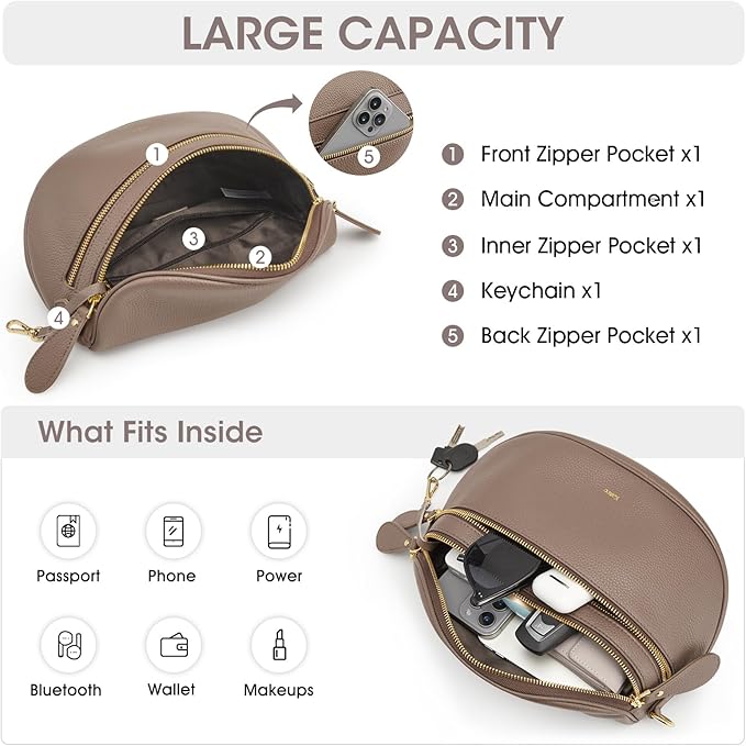 Kattee Crossbody Bag Bum Bags for Women, Leather Fanny Packs Belt Bag, Spacious Sling Purses for Women with RFID Blocking, Khaki