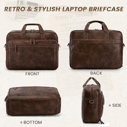 RAINSMORE Mens Laptop Bag 16 Inch Leather Briefcase Vintage Messenger Bag for Men Large Crossbody Shoulder Office Computer Bag Retro College Satchel Bag for Work, Business,Travel, Dark Brown