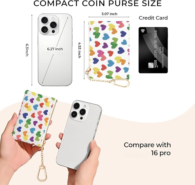 Love Hearts Keychain Coin Purse for Women, Small PU Leather Change Pouch, Zipper Little Tiny Travel Wallet for Girls, Cute Kawaii Zip Pocket Coin Holder with Key Ring