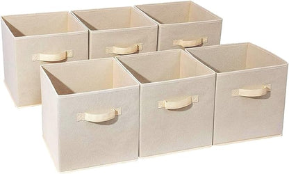 Basics Fabric Clothing Storage Bins - 10.6" x 10.6" x 11" - Collapsible Storage Cubes Organizer with Handles, Linen Foldable Storage Baskets Cloth Box Containers, Closet Organizers 6PC Beige