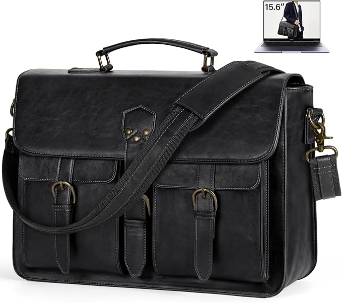 RAINSMORE Messenger Bag for Men 15.6 Inch Vintage Leather Laptop Briefcase Large Laptop Bag Waterproof Satchel Bag Computer Shoulder Bag for Office Work Travel College, Black
