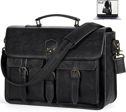 RAINSMORE Messenger Bag for Men 15.6 Inch Vintage Leather Laptop Briefcase Large Laptop Bag Waterproof Satchel Bag Computer Shoulder Bag for Office Work Travel College, Black