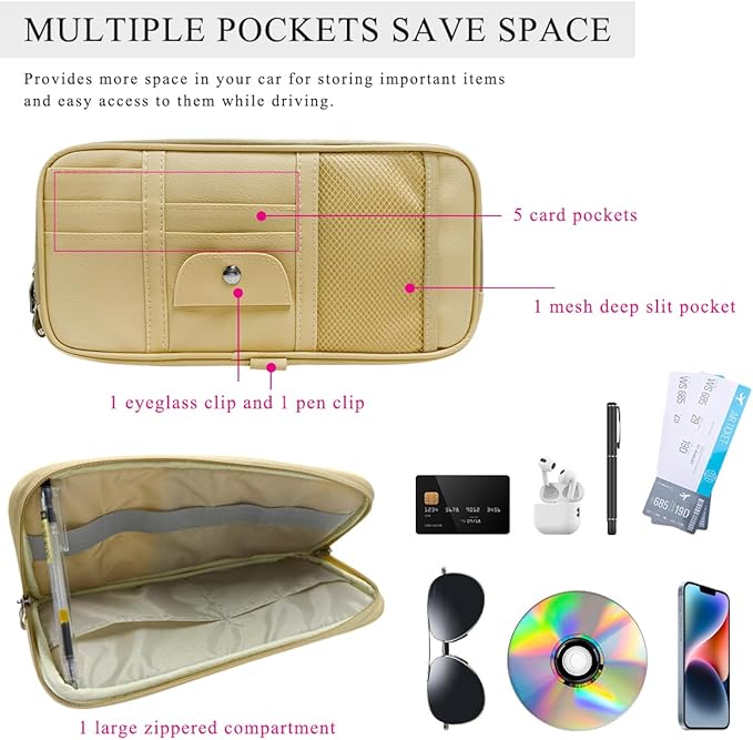 DXNQ Car Sun Visor Organizer, Double Zipper Leather Visor Storage Pouch with Multi-Pocket, Sunglass Holder Storage Pocket with Elastic Band for Cars SUVs Trucks, Car Accessories (Beige)