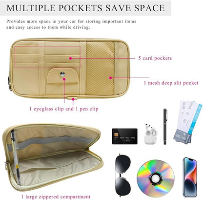 DXNQ Car Sun Visor Organizer, Double Zipper Leather Visor Storage Pouch with Multi-Pocket, Sunglass Holder Storage Pocket with Elastic Band for Cars SUVs Trucks, Car Accessories (Beige)