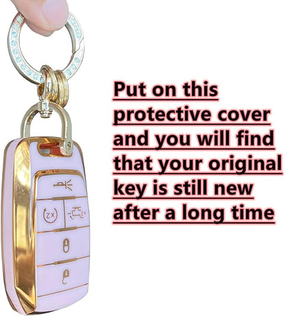 Key Protective Shell for RAM Key Fob Cover with Keychain Fit for RAM 1500 2500 3500 Smart Key Case Accessories (5-Button-Pink-Gold)