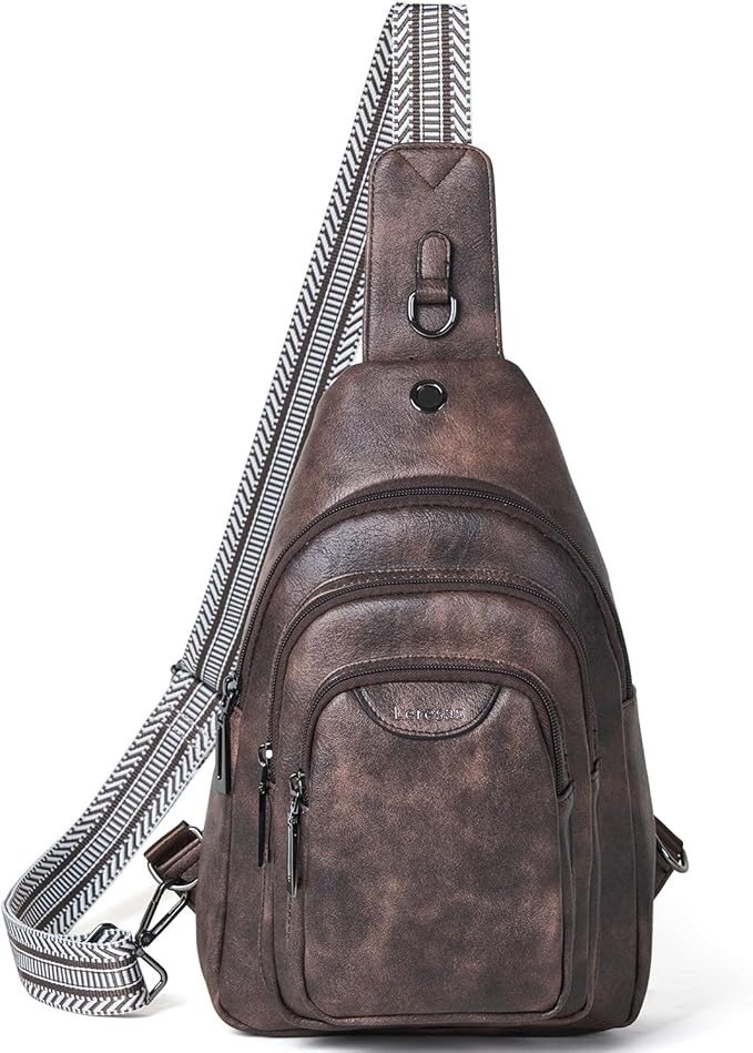 Leresas 10L Crossbody Sling Bag for Women Men Anti Theft Cross Body Fanny Pack Belt Bag Purse Gifts for Women Faux Leather, Coffee