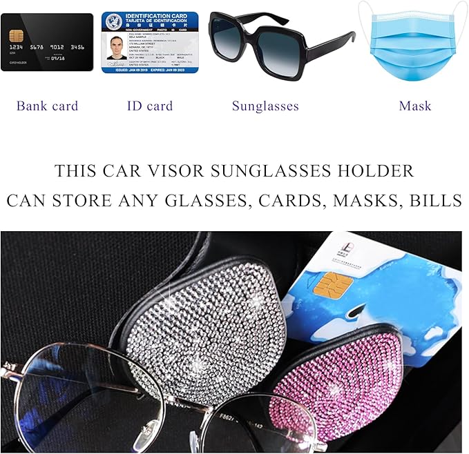 KVAEY Bling Sunglass Holder for Car Visor, Magnetic Leather Visor Clip Glasses Holder with Sparkling Rhinestones, Crystal Visor Ticket Card Clip for Women Girls, Car Accessories (Black & Colorful)