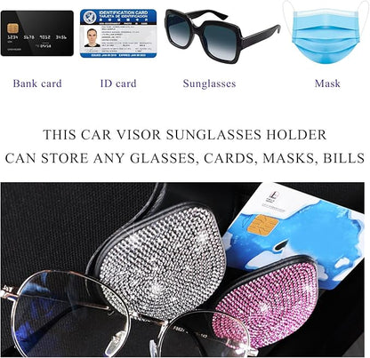 KVAEY Bling Sunglass Holder for Car Visor, Magnetic Leather Visor Clip Glasses Holder with Sparkling Rhinestones, Crystal Visor Ticket Card Clip for Women Girls, Car Accessories (Black & Pink)