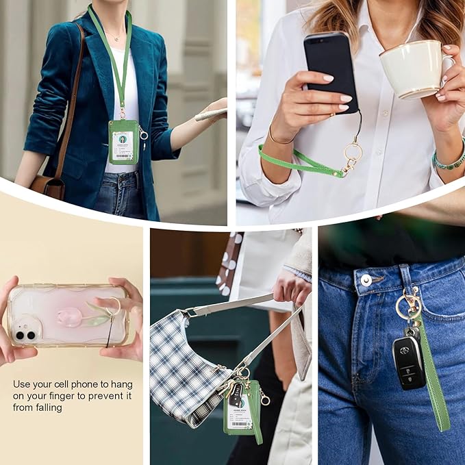 bolimoss 2-in-1 ID Badge Holder & Lanyard Wallet for Women Teacher, PU Leather ID Badge Wallet Case with Detachable Wristlet & Neck Lanyard, Clear Window, 5 Card Slots, 1 Side Zipper Pocket, Green
