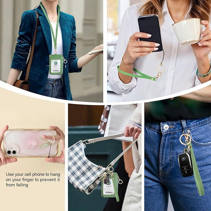bolimoss 2-in-1 ID Badge Holder & Lanyard Wallet for Women Teacher, PU Leather ID Badge Wallet Case with Detachable Wristlet & Neck Lanyard, Clear Window, 5 Card Slots, 1 Side Zipper Pocket, Green