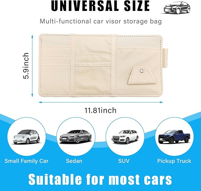 Augeny Car Sun Visor Organizer, Leather Personal Belonging Storage Pouch with Zipper, Car Visor Storage Pouch Sunglasses Holder, Auto Interior Accessories Pocket Organizers (Beige)