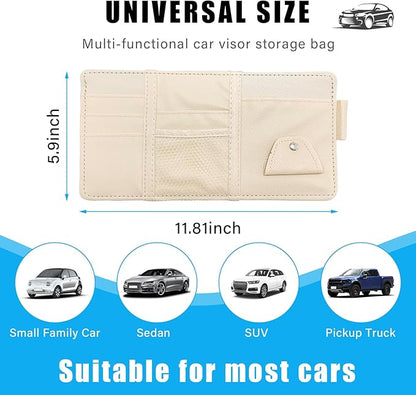 Augeny Car Sun Visor Organizer, Leather Personal Belonging Storage Pouch with Zipper, Car Visor Storage Pouch Sunglasses Holder, Auto Interior Accessories Pocket Organizers (Beige)