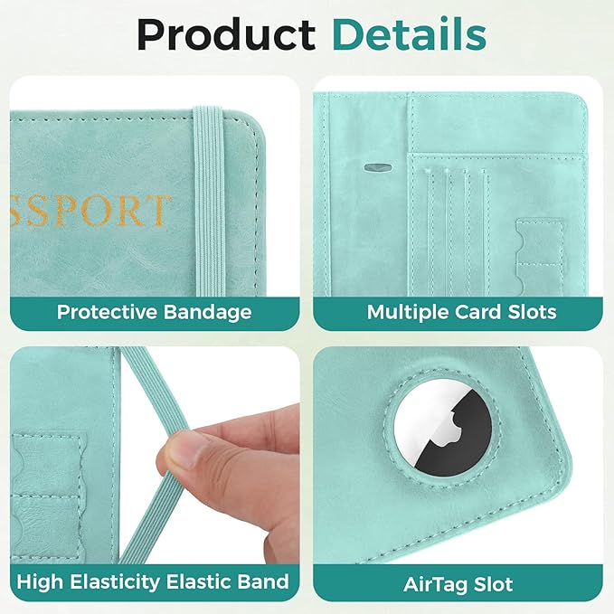 Passport Holder for Travel Women Men - Passport Cover Wallet with Airtag Slot - RFID Blocking PU Leather Passport Holder Case with Card Holder, Pen Slot - Blue