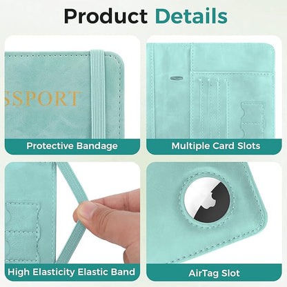 Passport Holder for Travel Women Men - Passport Cover Wallet with Airtag Slot - RFID Blocking PU Leather Passport Holder Case with Card Holder, Pen Slot - Blue