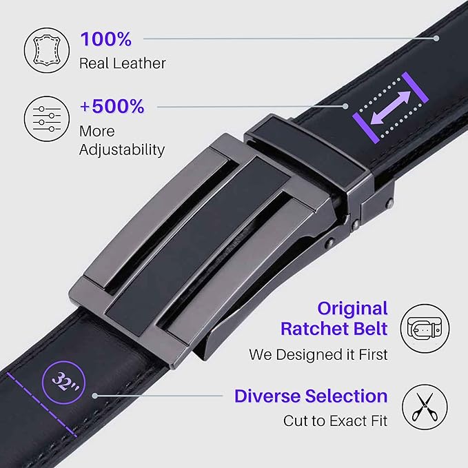 Marino Avenue Ratchet Belt for Men. Adjustable Leather Dress Belt with 38 Easy to Click Into Place Ratchet Closures.