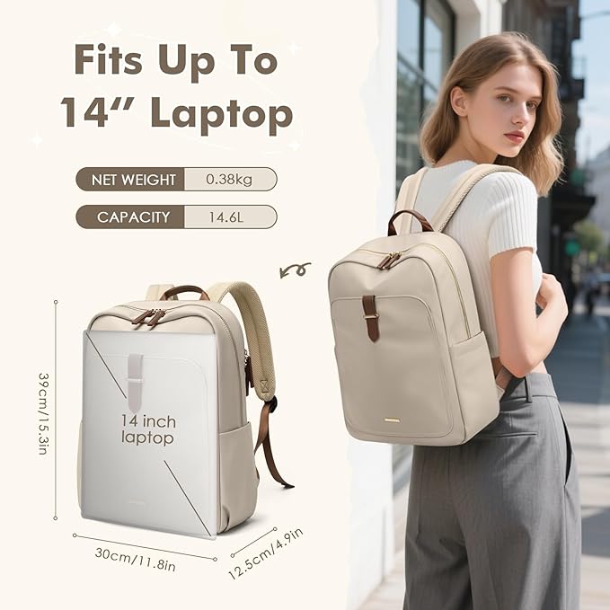 Laptop Backpack for Women,Casual Work Business Backpacks Purse Carry on Travel Backpack,14 Inch,Apricot