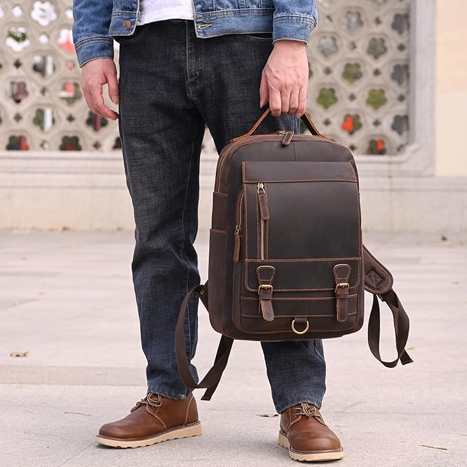 Vintage Full Grain Leather Backpack for Men, 16" Laptop Rucksack For Men Hiking Trave Work Business Bag, 1829 Dark Brown