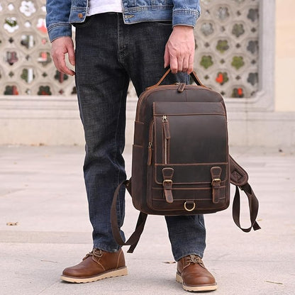 Vintage Full Grain Leather Backpack for Men, 16" Laptop Rucksack For Men Hiking Trave Work Business Bag, 1829 Dark Brown