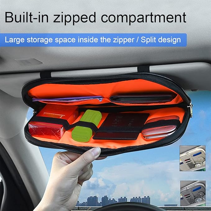 Car Sun Visor Organizer, Sunglass Holder and Storage Pocket, Card Cash Pouch with Multi-Pocket Net Zipper, Case Bag for License Pen Key, Auto Interior Accessories for Truck, SUV, Van (Black)