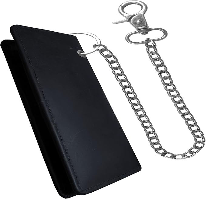IBRO Long Bifold Chain Wallet – RFID Blocking Biker Wallet for Men – Premium Leather Motorcycle Chain Wallet Crazy Horse Black