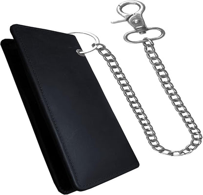 IBRO Long Bifold Chain Wallet – RFID Blocking Biker Wallet for Men – Premium Leather Motorcycle Chain Wallet Crazy Horse Black