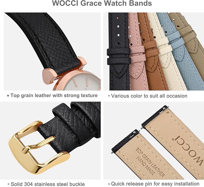 WOCCI 15mm Grace Leather Watch Band for Ladies, Top Grain Leather, Quick Release Replacement Strap with Gold Buckle (Black)