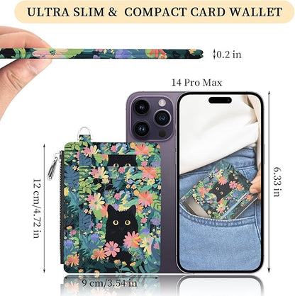 Hancynir Slim Wallet Women Credit Card Holder Flower Black Cat Green RFID Small Mini Card Case Front Pocket PU Leather Thin Travel Zipper Coin Cash ID Window Girls Wallet Gifts