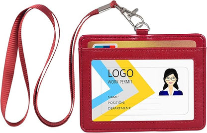 Teskyer Badge Holder with Lanyard, Leather ID Name Badge Card Holder with Lanyard for ID Badges, Horizontal Wine Red