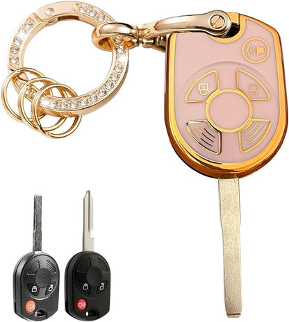 Keyless Entry Systems Key for Ford Key Fob Cover Shell with Keychain Fit for Ford Transit Mustang Fusion Lincoln Mercury Smart Key (3Buttons Gold-Pink)