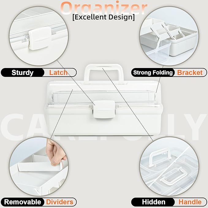 TERGOO 12.5in 3-Layer Multipurpose Craft Organizers and Storage with Adjustable Dividers, Portable Tackle Box, Folding Art & Craft Case for Medicine, Tool, Sewing Organizer (White)