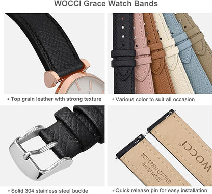 WOCCI 22mm Grace Leather Watch Band for Ladies, Top Grain Leather, Quick Release Replacement Strap with Silver Buckle (Black)