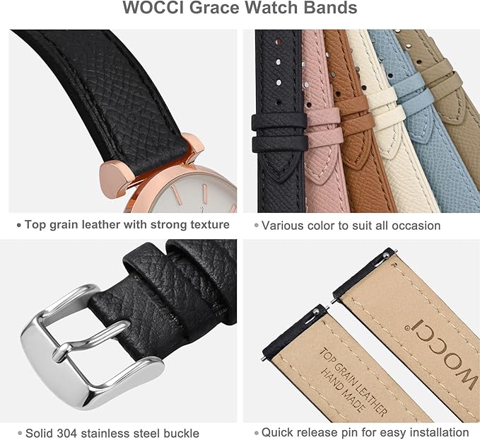 WOCCI 13mm Grace Leather Watch Band for Ladies, Top Grain Leather, Quick Release Replacement Strap with Silver Buckle (Black)