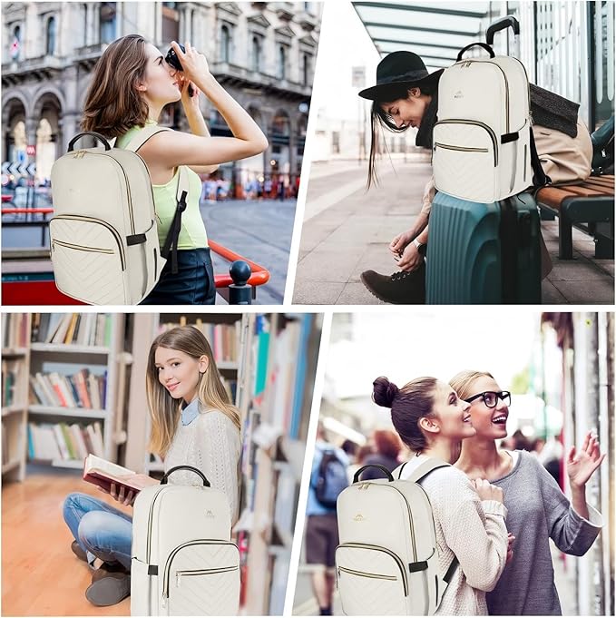 MATEIN Travel Laptop Backpack, Anti Theft Quilted Slim Backpacks for Women with Detachable Keychain Hook, Teacher Doctor Nurse Carry on Bags Purse Fits 15.6 Inch Notebook, White