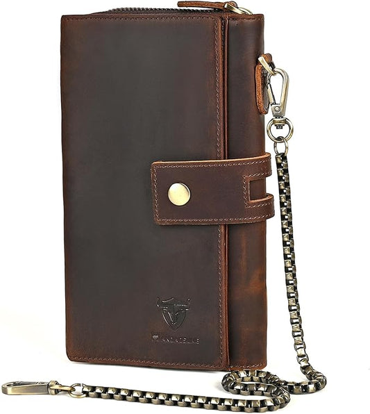 Genuine Crazy Horse Leather Travel Gift Coin Pocket Card Case Long Organizer Chain Rfid Wallet Purse With Snap For Men Male 1803 1815 (W-1819-Brown)