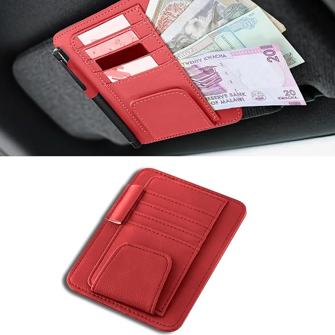 Car Sun Visor Organizer, Multifunctional Auto Visor Document Holder with Sunglasses Clip, Universal Car Interior Accessories Organizer for Drving License, Card, Pen (Red)
