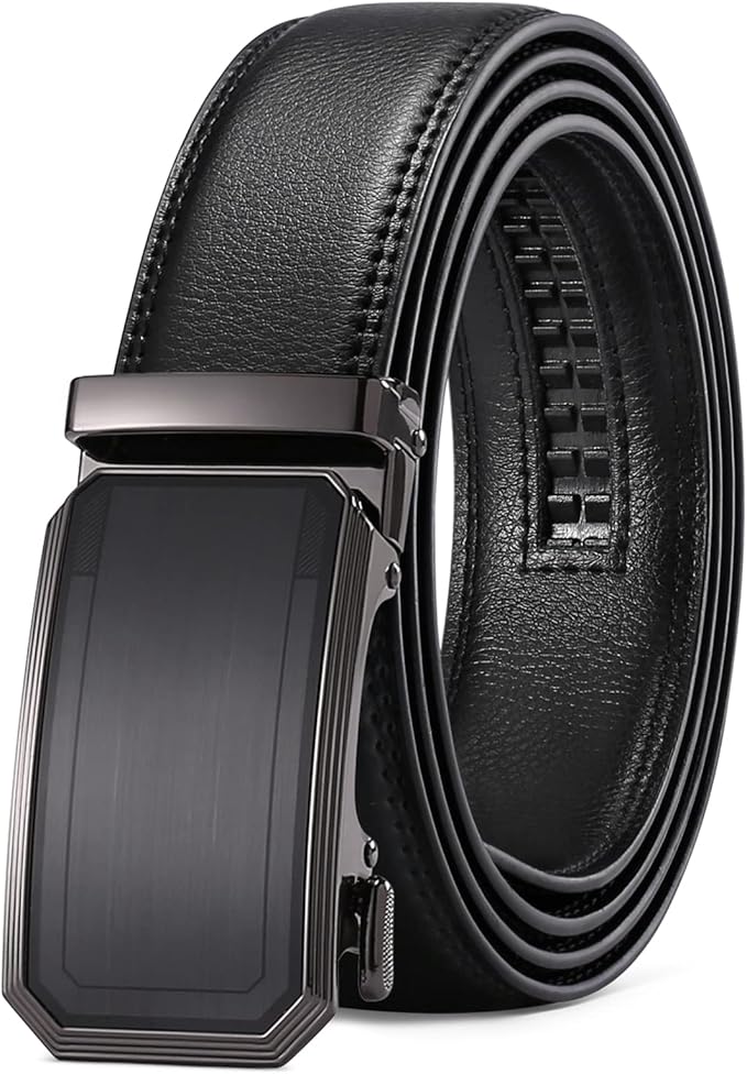 SENDEFN Men's Leather Belt Automatic Ratchet Buckle Slide Belt for Dress Casual Trim to Fit with Gift Box