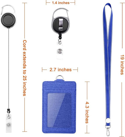 Life-Mate Badge Holder - Leather ID Badge Card Holder Wallet Case with 3 Cards Slot and Neck Lanyard/Strap. Additional Retractable Badge Reel with Belt Clip (Blue, Linen Finish)