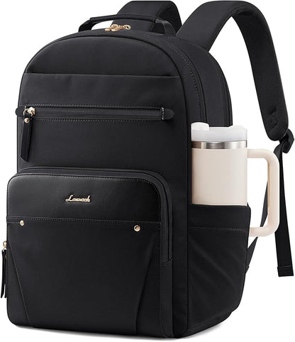 LOVEVOOK Laptop Backpack for Women with Leather Trim & Tumbler Pockets, 17.3" Work Backpack Purse, Travel Personal Item Bag, Carry On Business Computer Bag for Office, School, or Gift, Black