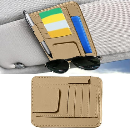 Leather Car Sun Visor Organizer Clip, Universal Car Truck Visor Document Holder with Sunglasses Clip, Auto Visor Pocket Storage for Bill Card Registration/Driving License Pen (Beige)