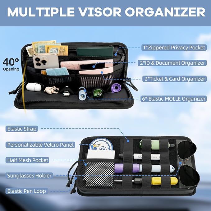 TICARVE Car Sun Visor Organizer, Multi-Pocket Visor Organizer Storage Pouch, Heavy Duty Molle Panel with Double Zippers, Elastic Bands & Glasses Clip, Tactical Storage Pouch for Cars, SUVs, Trucks