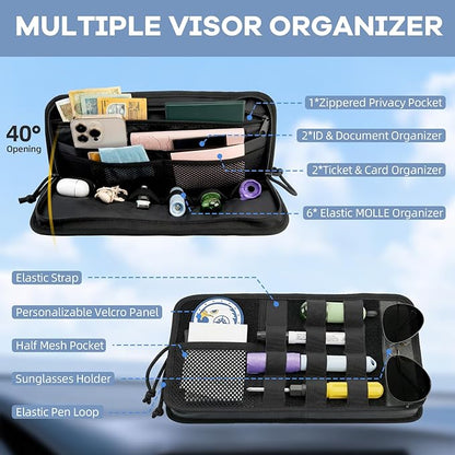 TICARVE Car Sun Visor Organizer, Multi-Pocket Visor Organizer Storage Pouch, Heavy Duty Molle Panel with Double Zippers, Elastic Bands & Glasses Clip, Tactical Storage Pouch for Cars, SUVs, Trucks