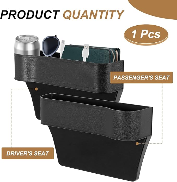 HARFINGTON Car Seat Gap Filler Organizer 10.2 x 6.5 x 2.4 Inch ABS Universal Car Organizer Storage Box Between Seat and Console (Right) with Cup Holders for Phone Sunglasses Keys, Black