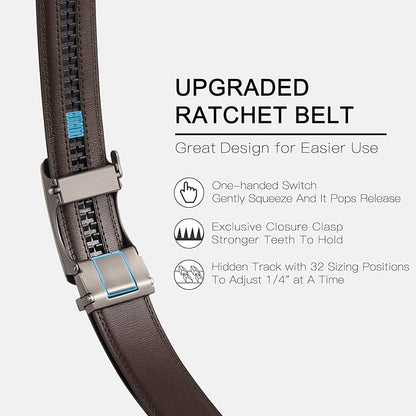 SENDEFN Men's Leather Belt Automatic Ratchet Buckle Slide Belt for Dress Casual Trim to Fit with Gift Box