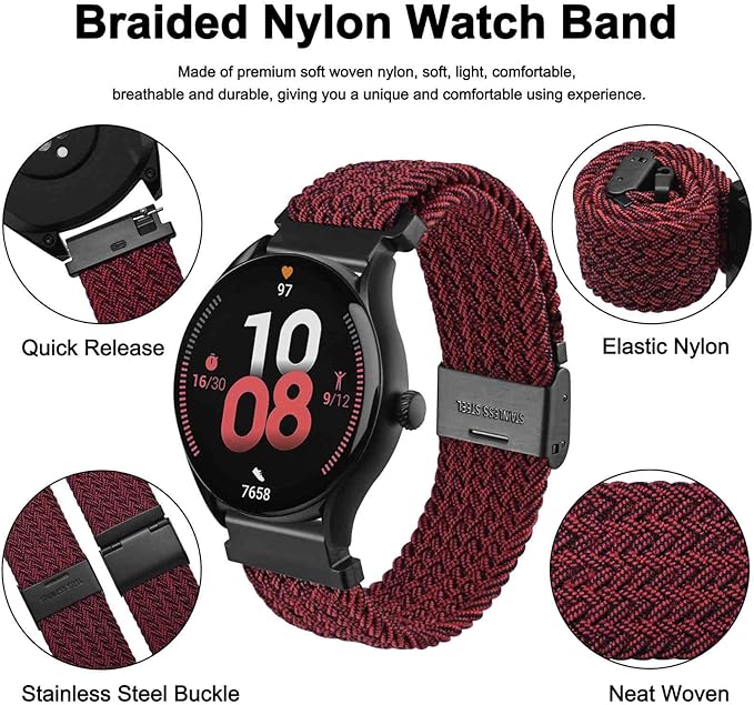 WOCCI 18mm Braided Nylon Watch Band for Men and Women, Quick Release, Black Stainless Steel Buckle (Red Black)