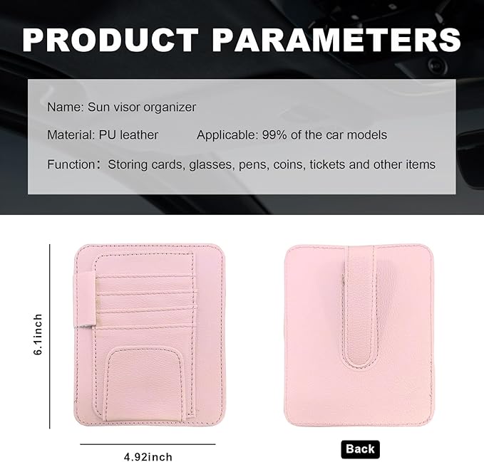 Dickno Small Leather Car Sun Visor Organizer, Multifunctional Auto Visor Document Holder with Sunglasses Clip, Universal Car Interior Organizer for Drving License, Card, Pen (Pink)
