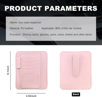 Dickno Small Leather Car Sun Visor Organizer, Multifunctional Auto Visor Document Holder with Sunglasses Clip, Universal Car Interior Organizer for Drving License, Card, Pen (Pink)