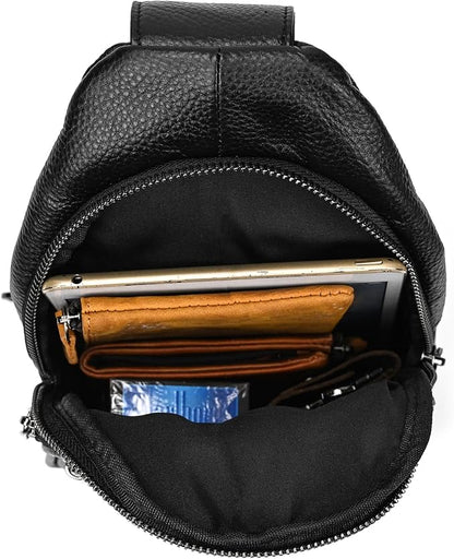 Genuine Leather Sling Bag Multi-pocket Chest Bag for Men Hiking Travel Daypack