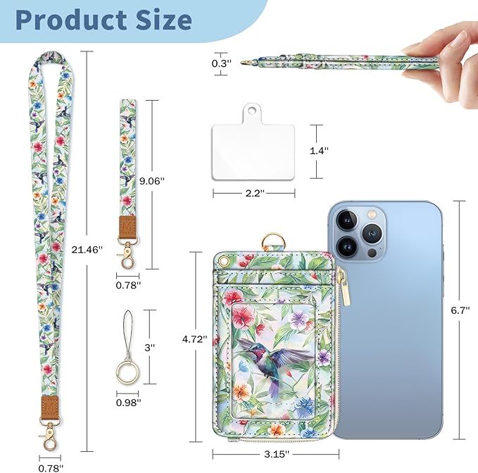 Lanyard Wallet with Id Badge Holder, Bird RFID Small Keychain Wallet Women Wristlet, Cute Zipper Credit Card Holder Phone Wrist Neck Strap for Key Name Tag, Teacher Student Office Gift