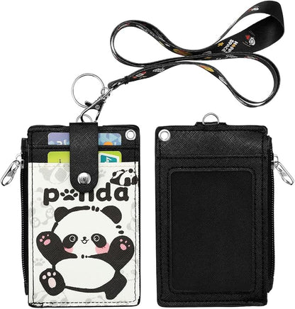 HASFINE ID Badge Holder with Lanyard,Cute Panda Work Badge with Zipper Pocket, 2-Sided Functional Card Wallet with 3 Card Slots and Detachable Keychain for Teacher Student Nurse Worker (Black)